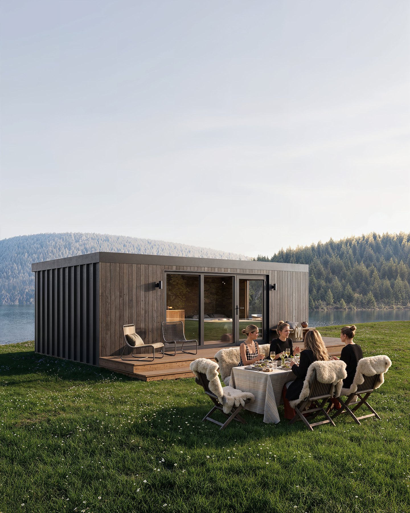Glamping pod lifestyle render showing the campaign use of the same visual system