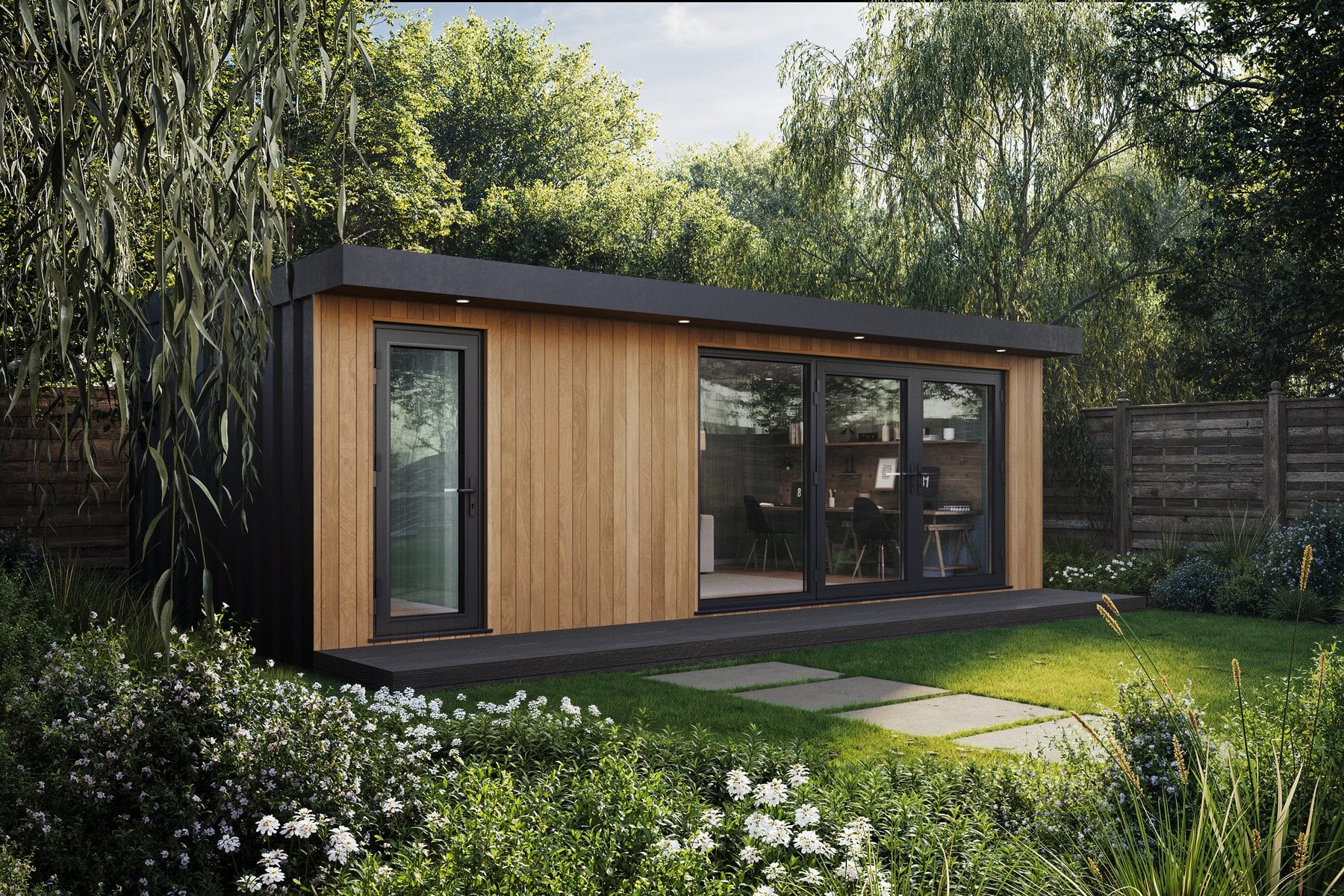 Finished garden scene showing a garden room in a landscaped setting for catalogue use