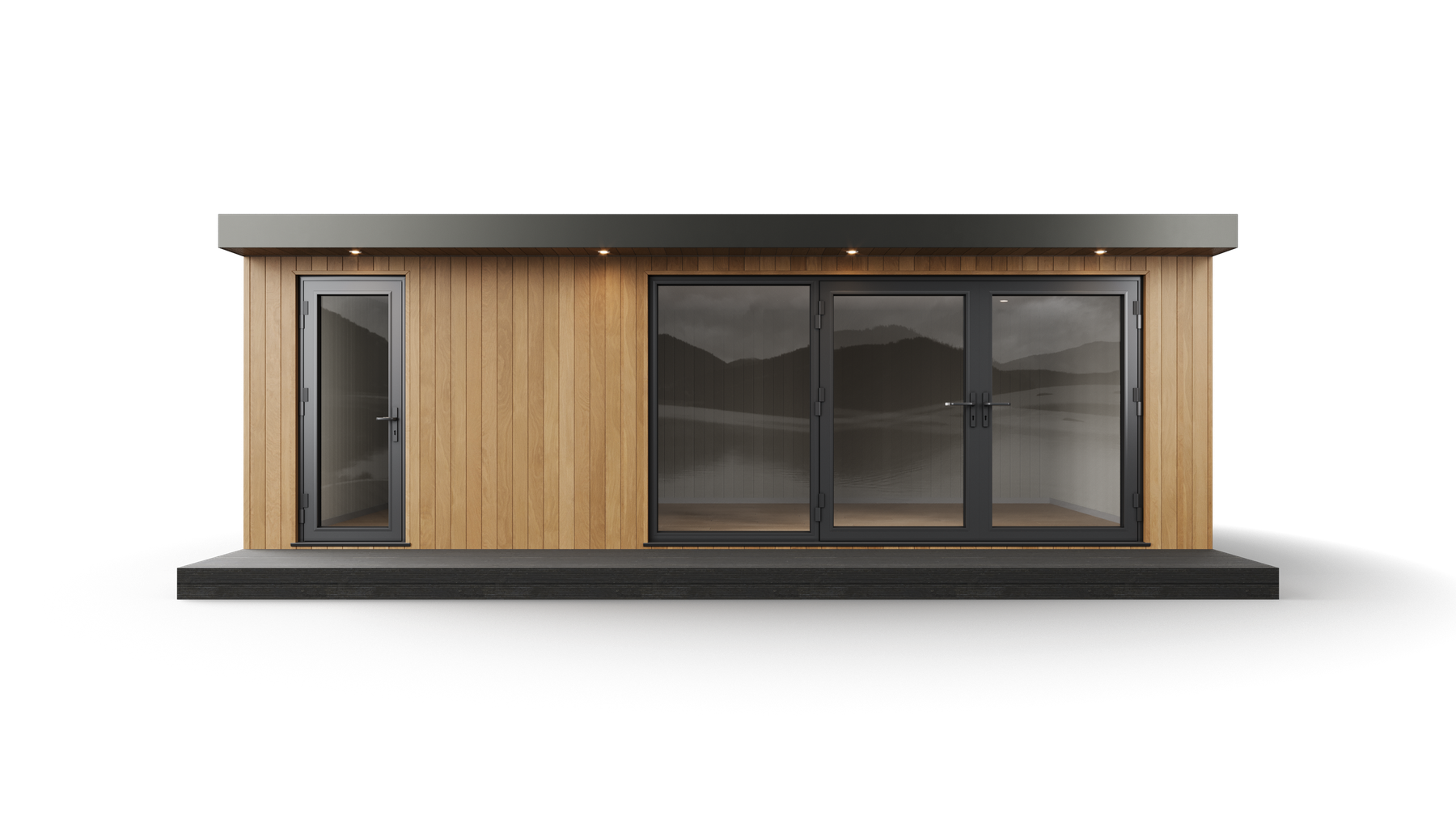 Garden room transparent studio render in oak finish