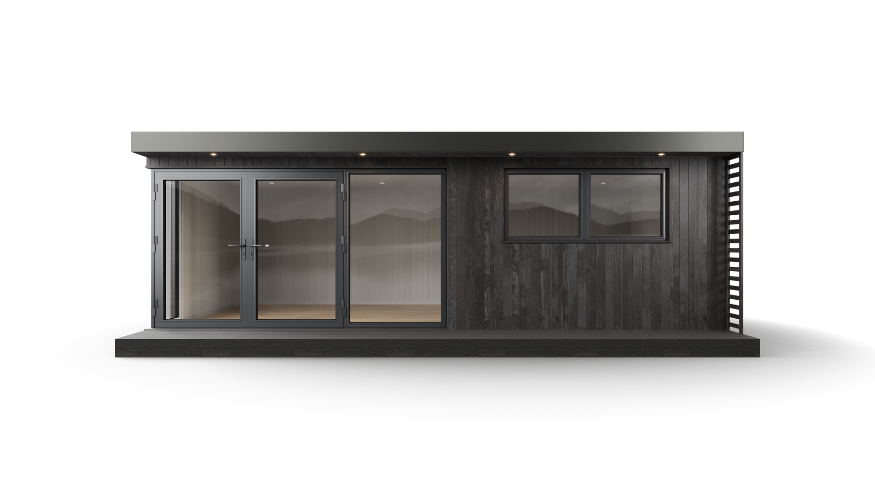 Garden room transparent studio render in charcoal finish