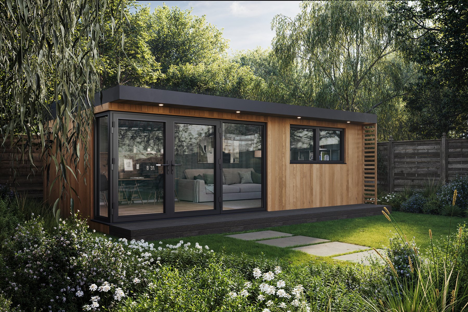 Full-width garden room campaign render in a landscaped garden setting